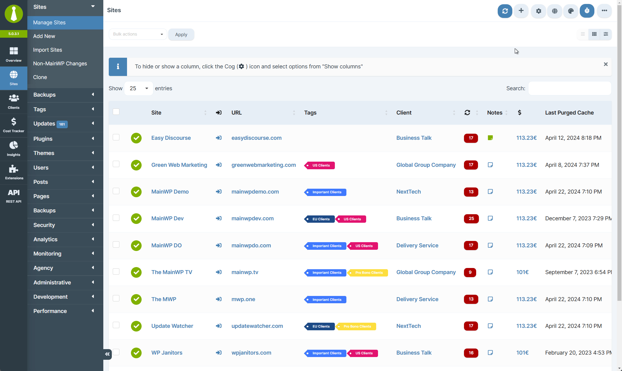 Animation showing how to access MainWP Dashboard Settings via the ellipsis menu