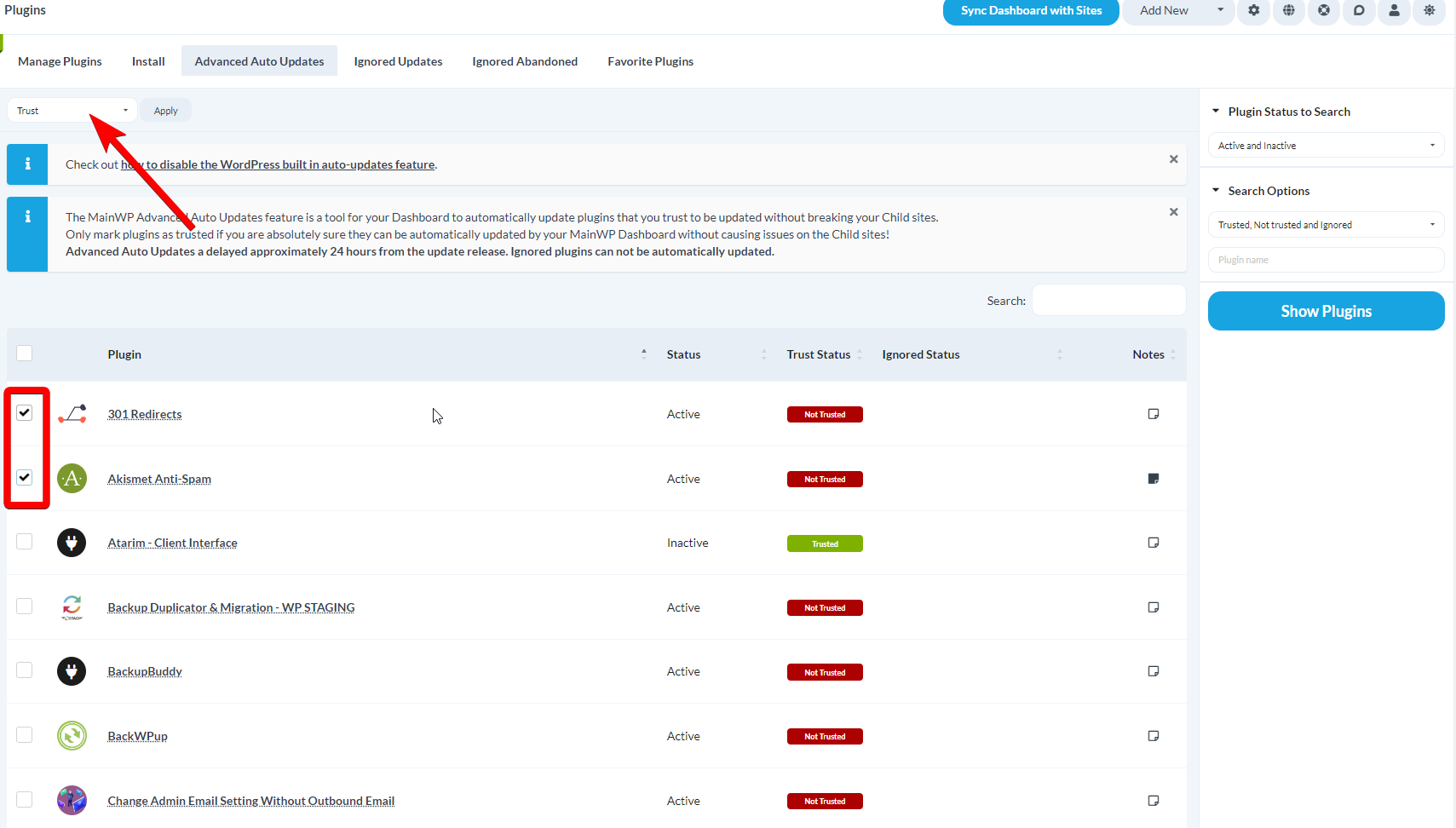 Plugins Auto Updates page showing plugin list with checkboxes and Bulk Actions dropdown