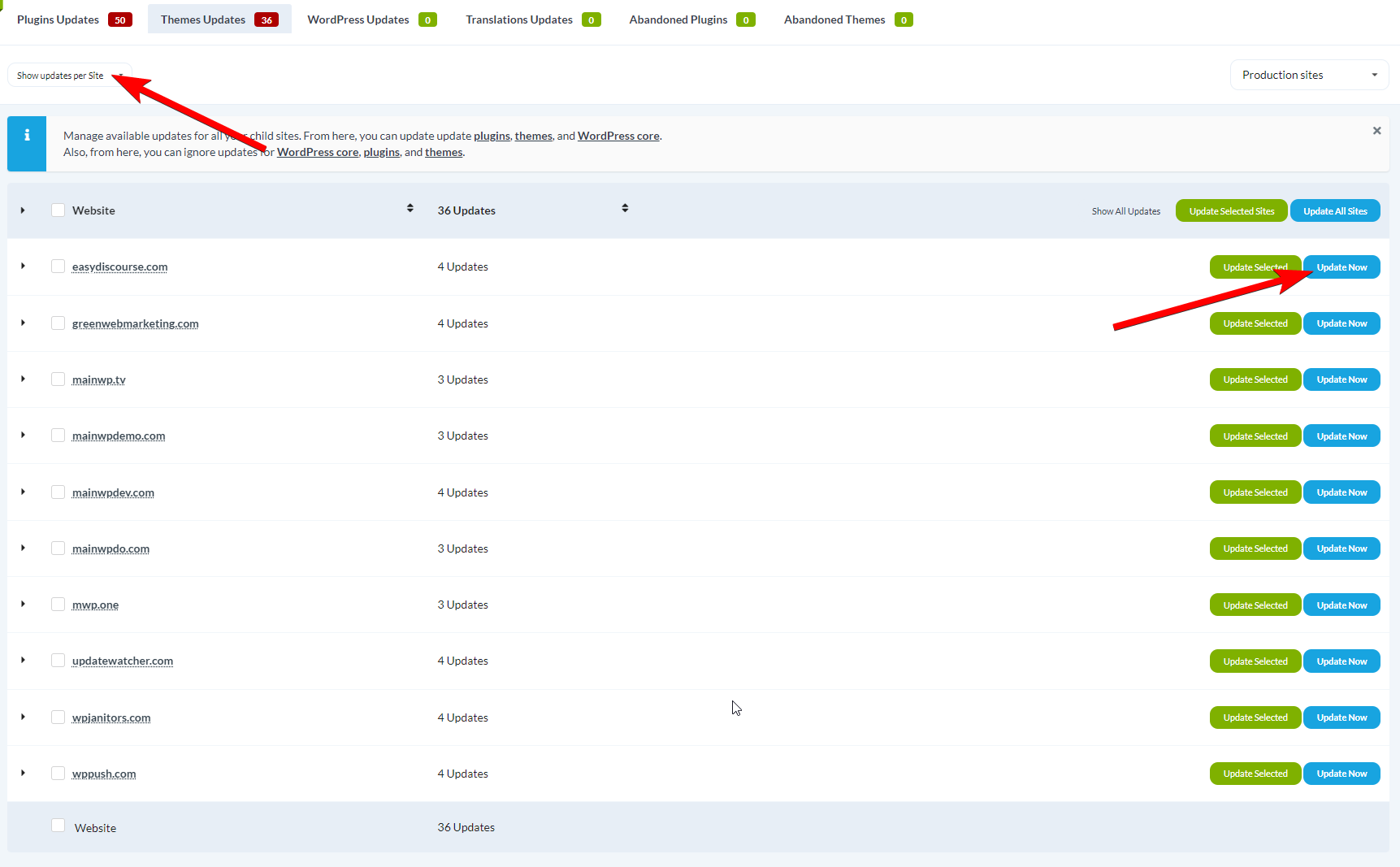 Theme Updates table showing Update All button for a single child site