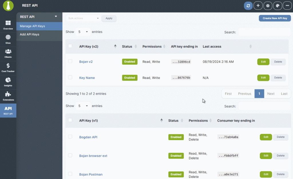 Manage API Keys page showing enabled keys with disable toggle