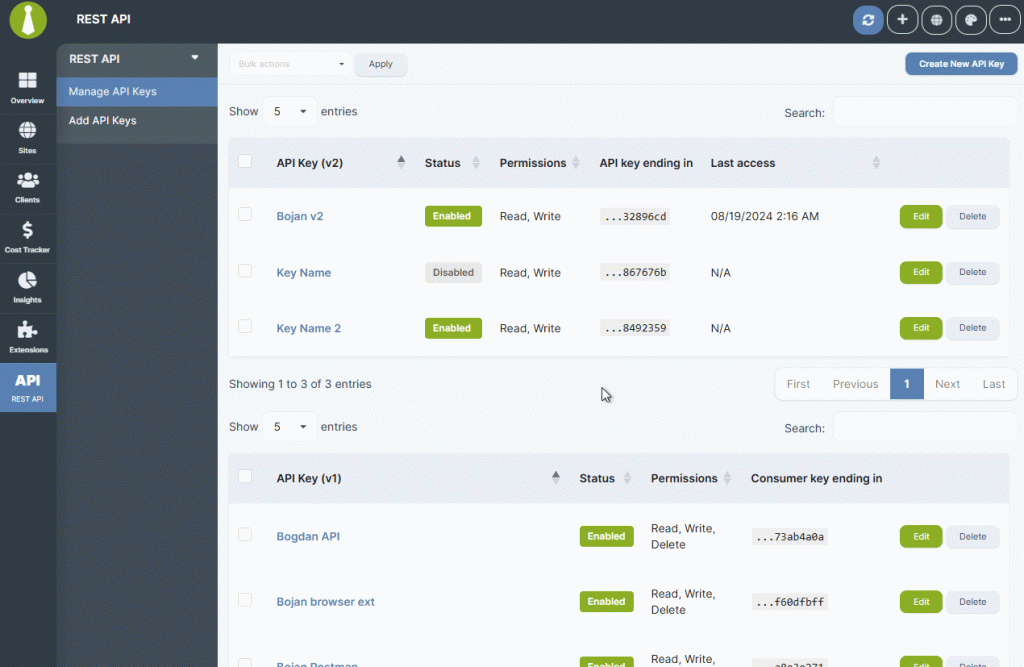 Manage API Keys page with Delete button and Bulk actions dropdown