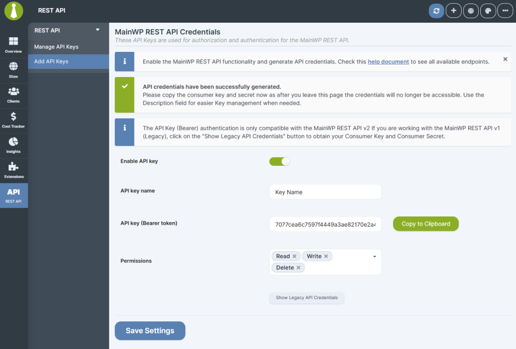 Add API Key form showing the generated Bearer token