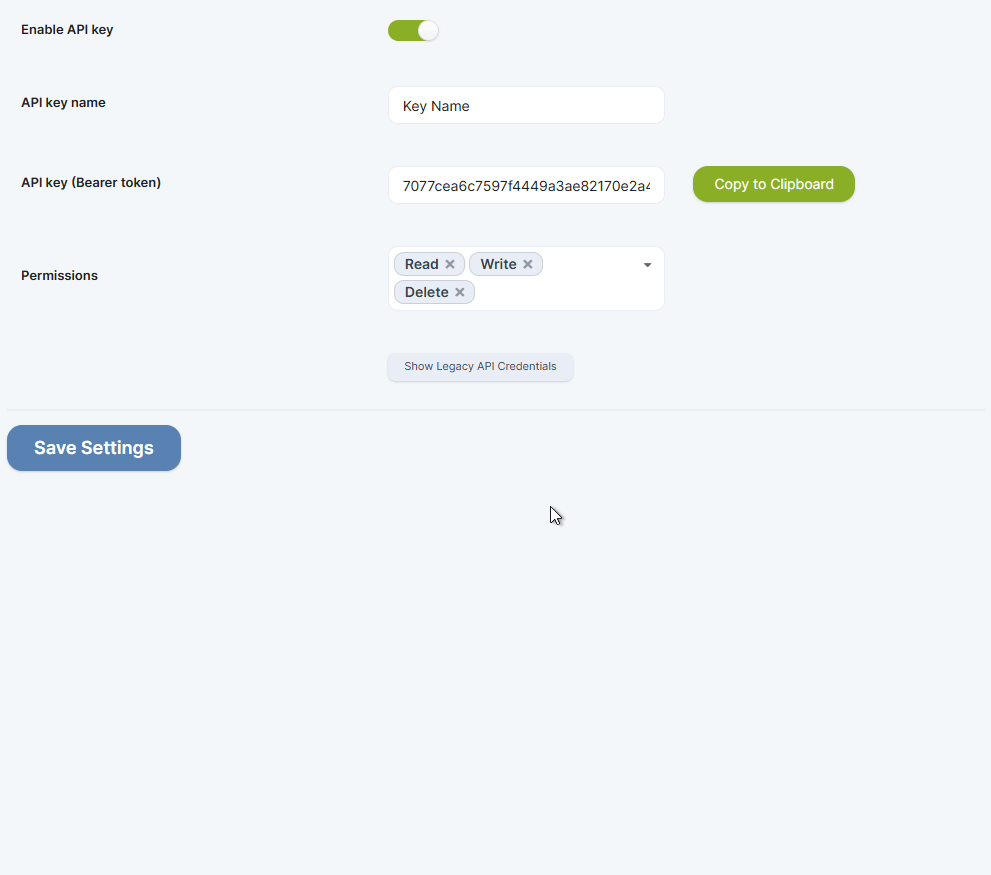 Animation showing Legacy API credentials and Enable REST API v1 Compatibility toggle