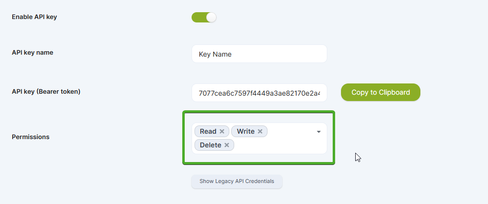 API Key permissions table showing Read, Write, and Delete options