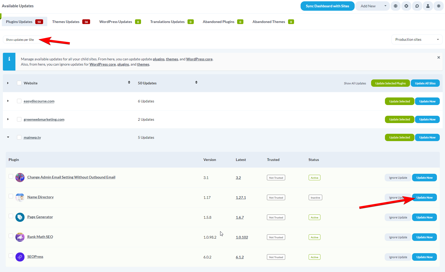 Expanded site row showing individual plugins available for update with Update Now buttons
