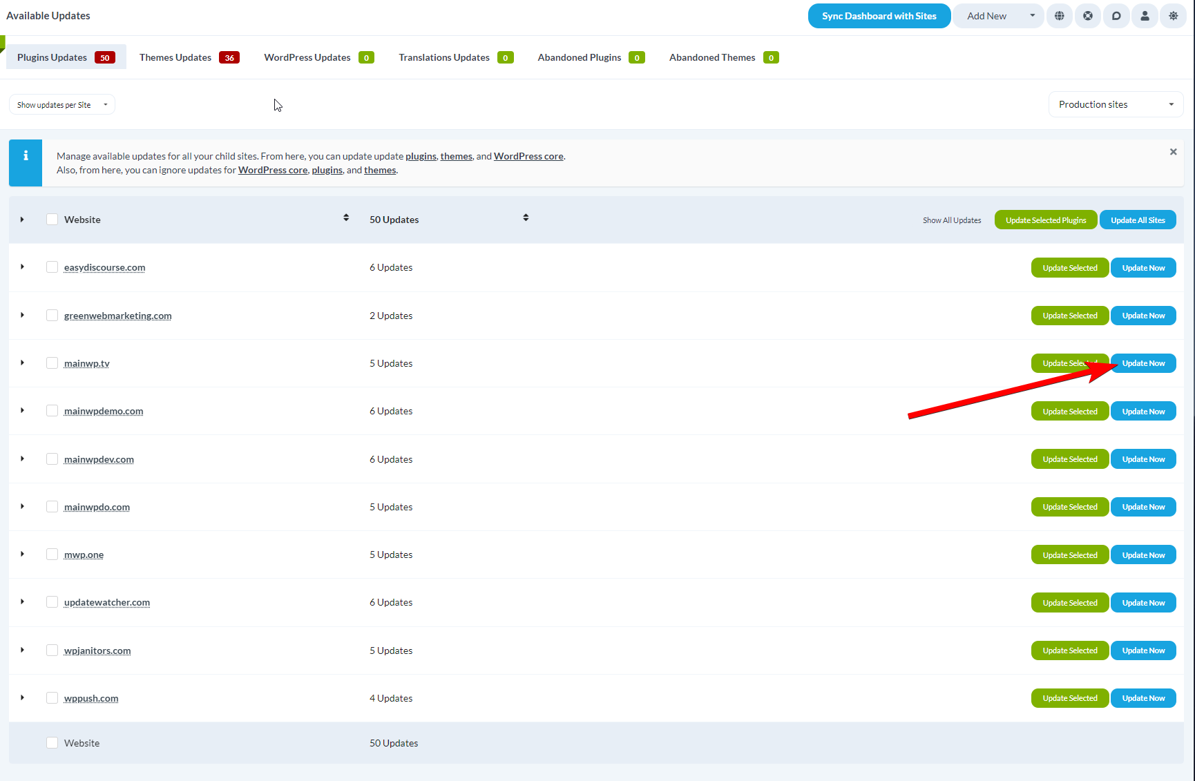Plugins Updates table in per-site view showing child sites with available updates