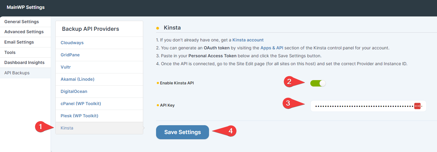MainWP Kinsta API settings