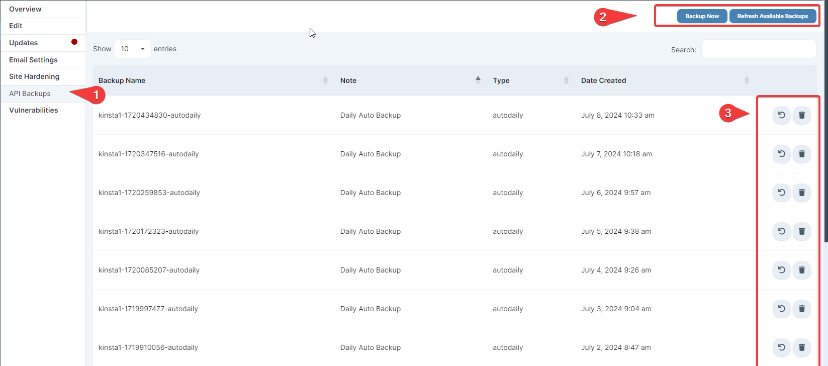 Kinsta API Backups tab