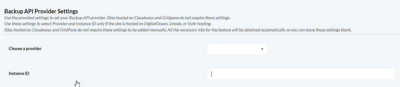 Child Site Edit page showing Backup API Provider Settings