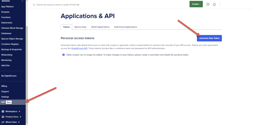 DigitalOcean Personal Access Tokens page