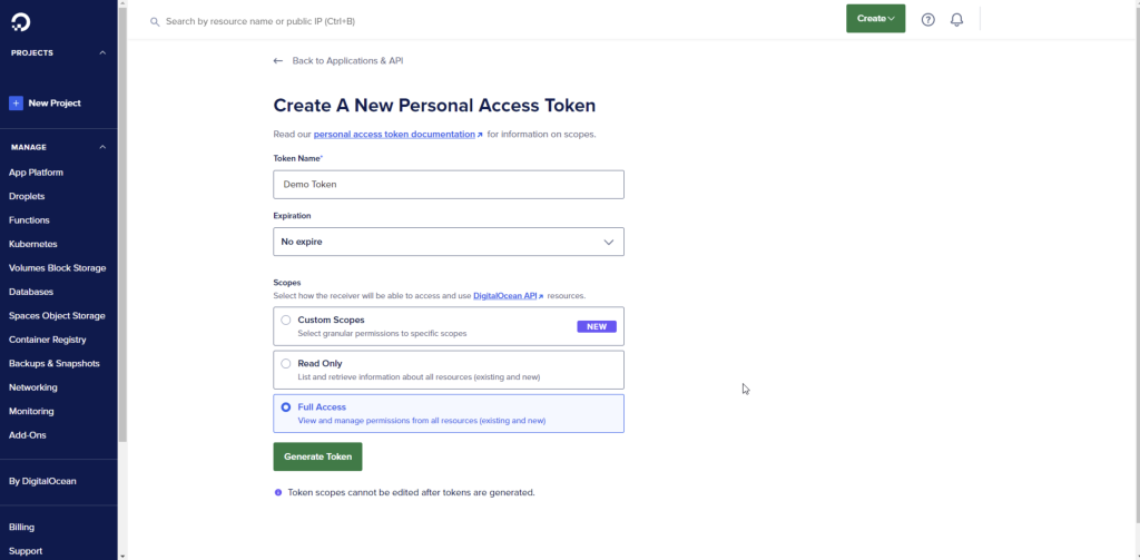 DigitalOcean New Personal Access Token form