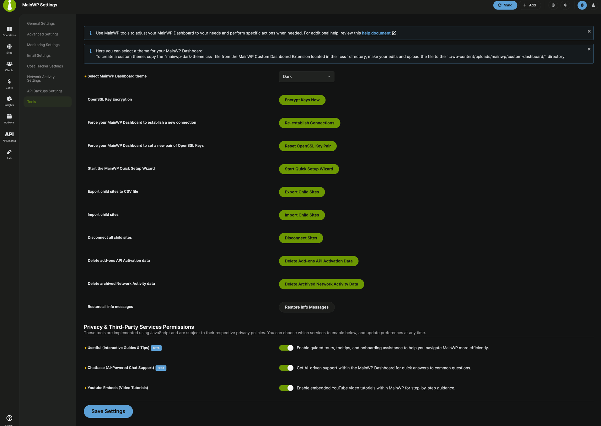 MainWP Tools section showing theme selection and various utility options