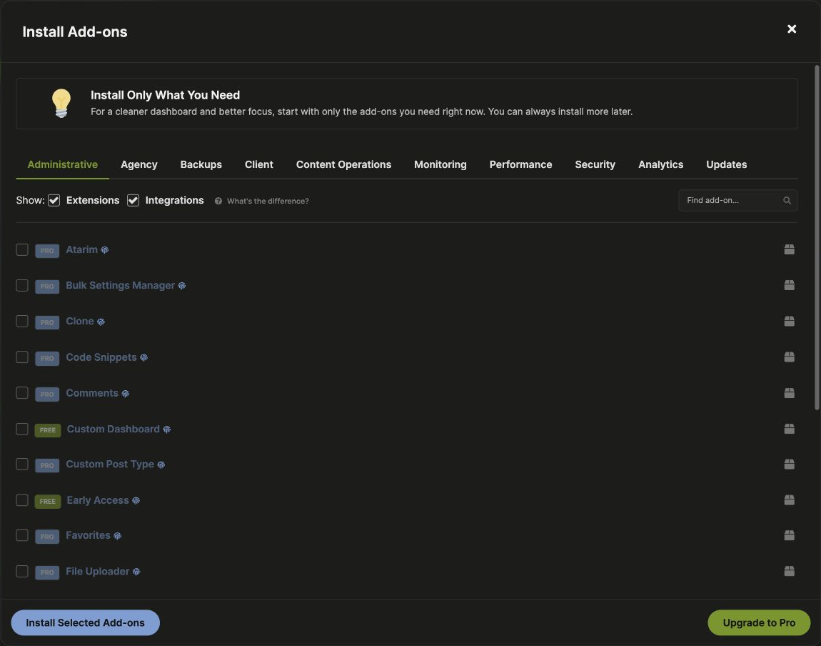 Install Add-ons dialog showing Extensions and Integrations filters
