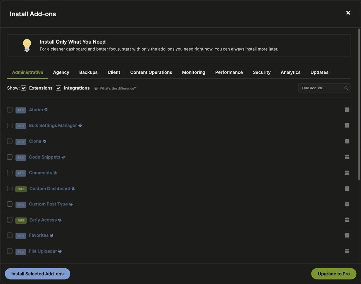 Install Add-ons dialog showing Extensions and Integrations filters