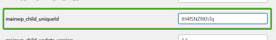 Options.php page showing the mainwp_child_uniqueId field