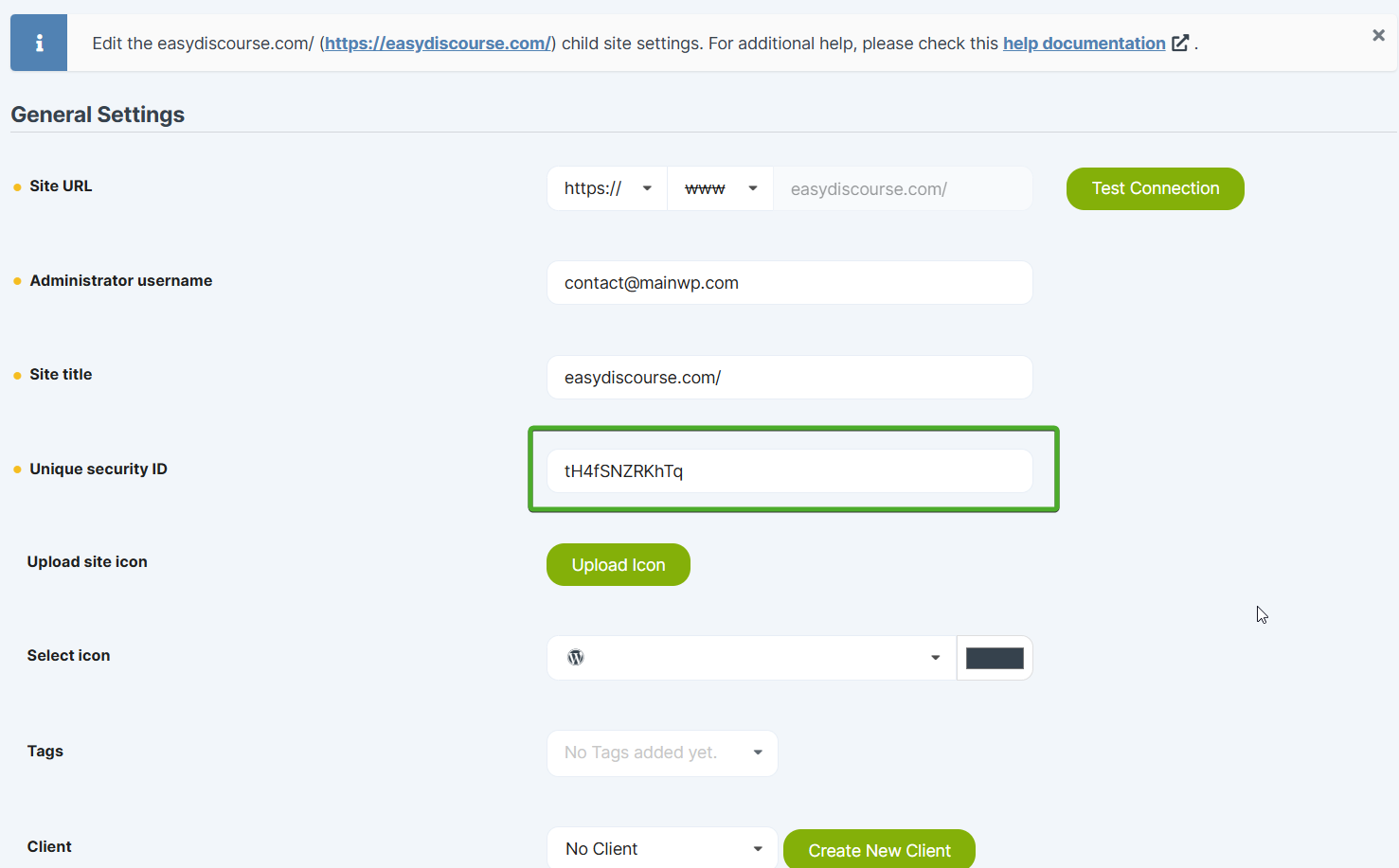 Dashboard Edit Site page showing the Security ID field