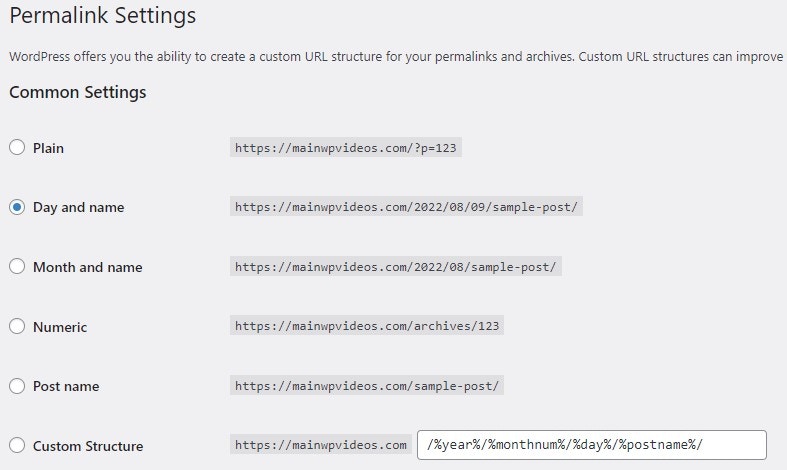 WordPress Permalink Settings page showing available URL structure options