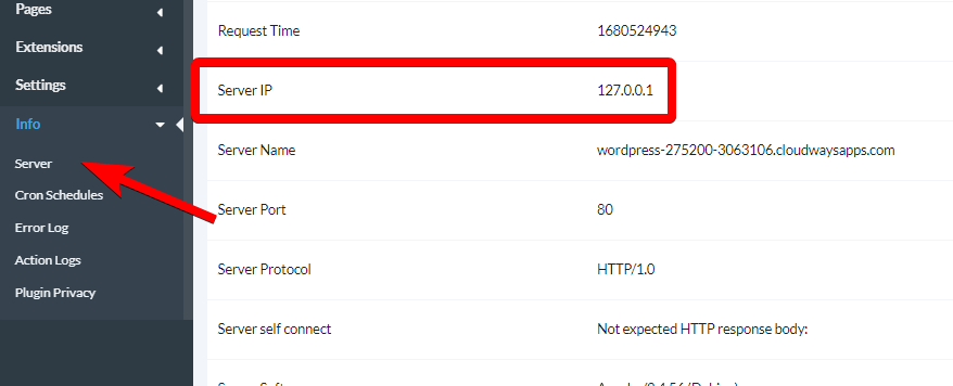 MainWP Server Information page showing the Server IP field