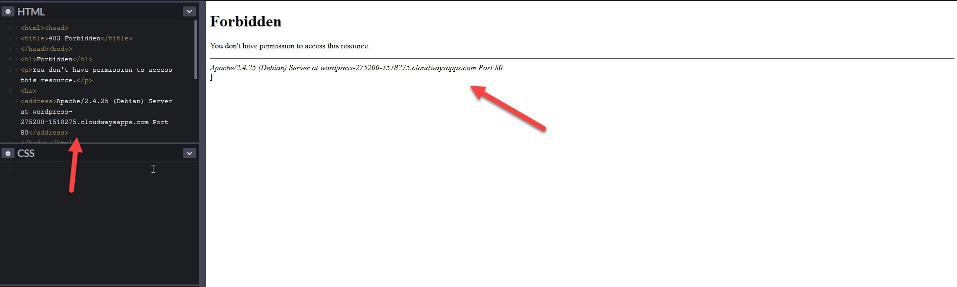 Rendered HTML response showing security rule block message