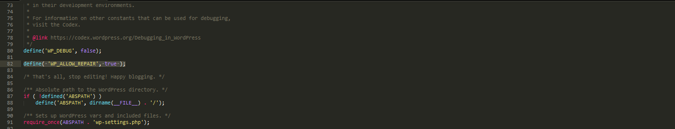 wp-config.php showing WP_ALLOW_REPAIR constant