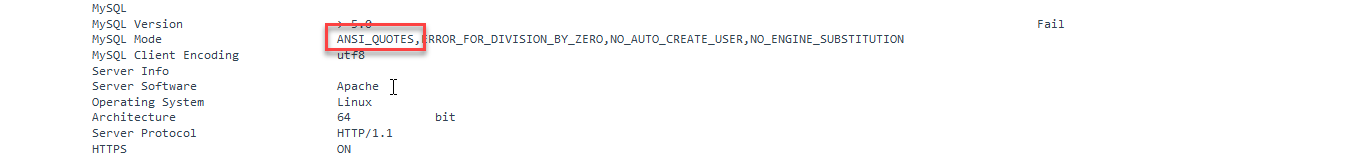 MainWP Server Information page showing MySQL Modes section