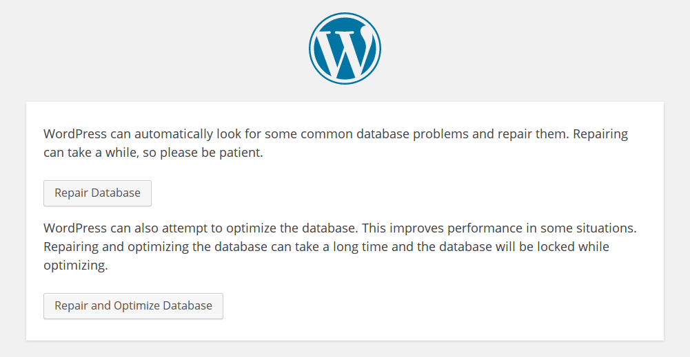 WordPress Database Repair page with repair options