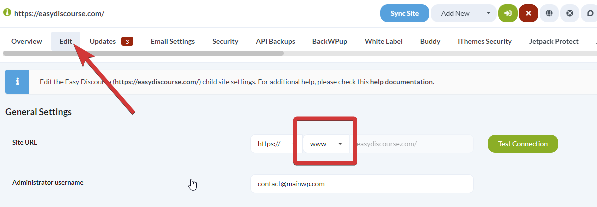 Child Site Edit page showing the www dropdown selector
