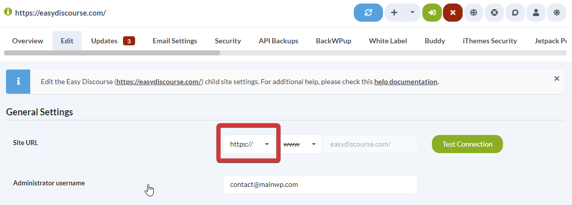 Child Site Edit page showing the HTTPS protocol dropdown selector