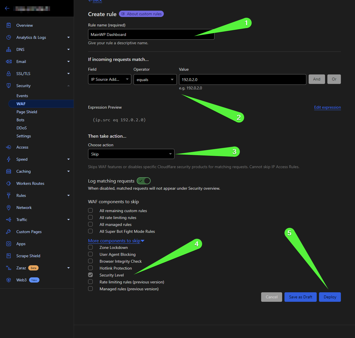 Cloudflare firewall rule configuration with IP Source Address field and Skip action selected