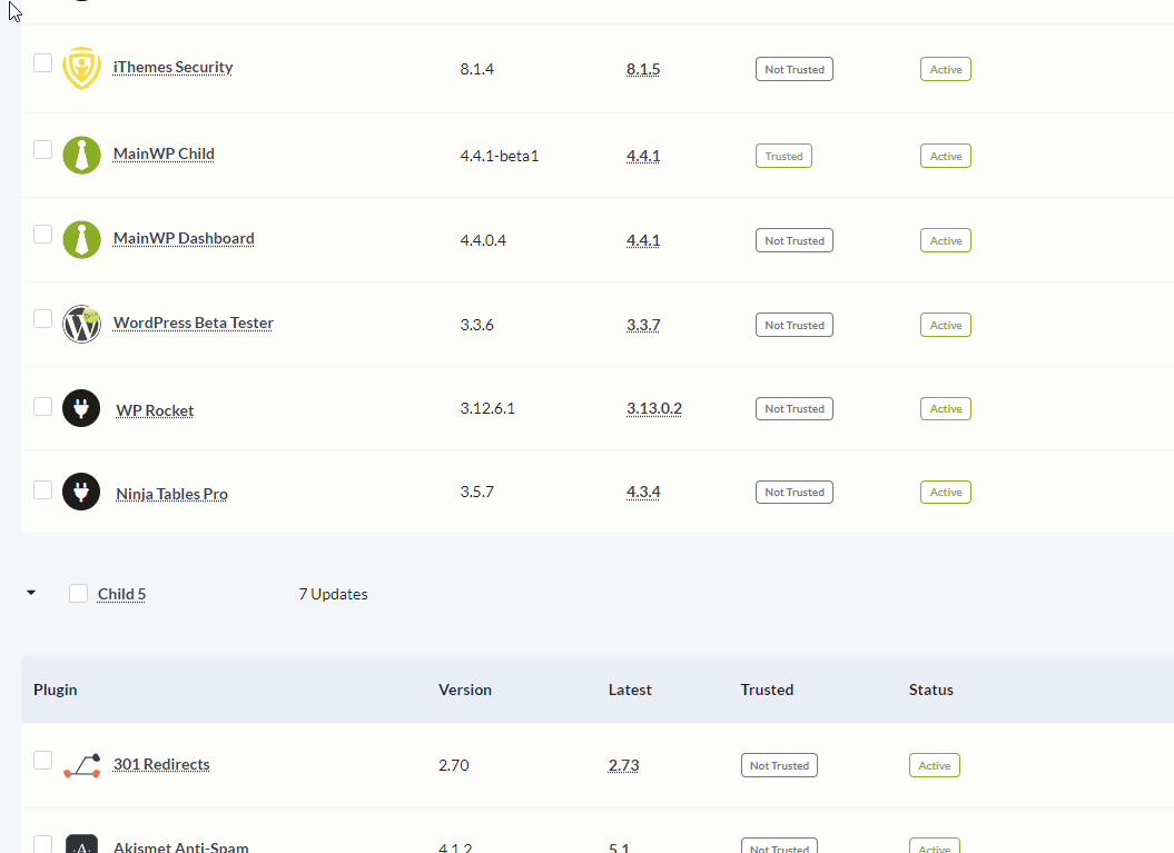 Animation showing premium plugin changelog display in MainWP Dashboard