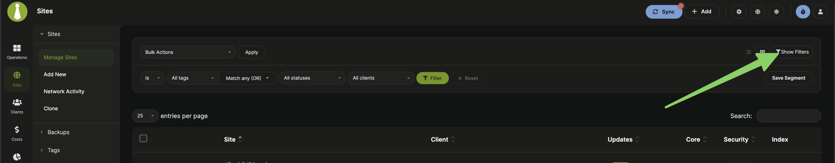 Manage Sites filter options in the top-right area