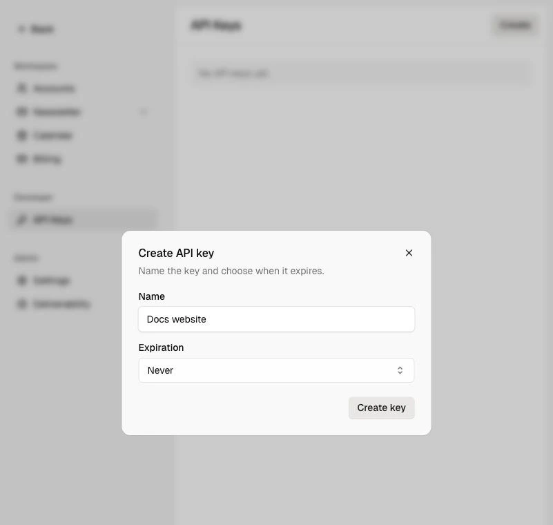 Create API key dialog in Maito