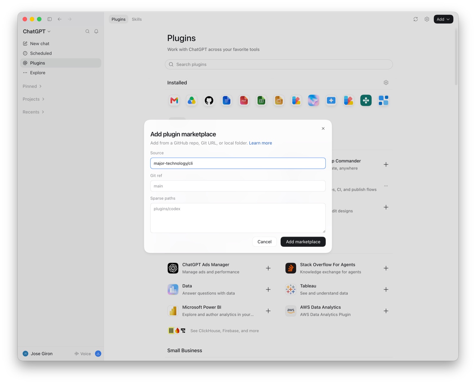 Add plugin marketplace dialog with major-technology/cli