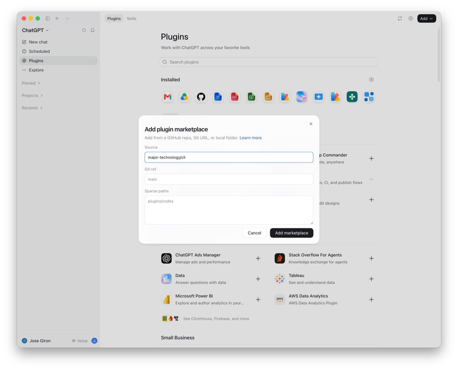 Add plugin marketplace dialog with major-technology/cli