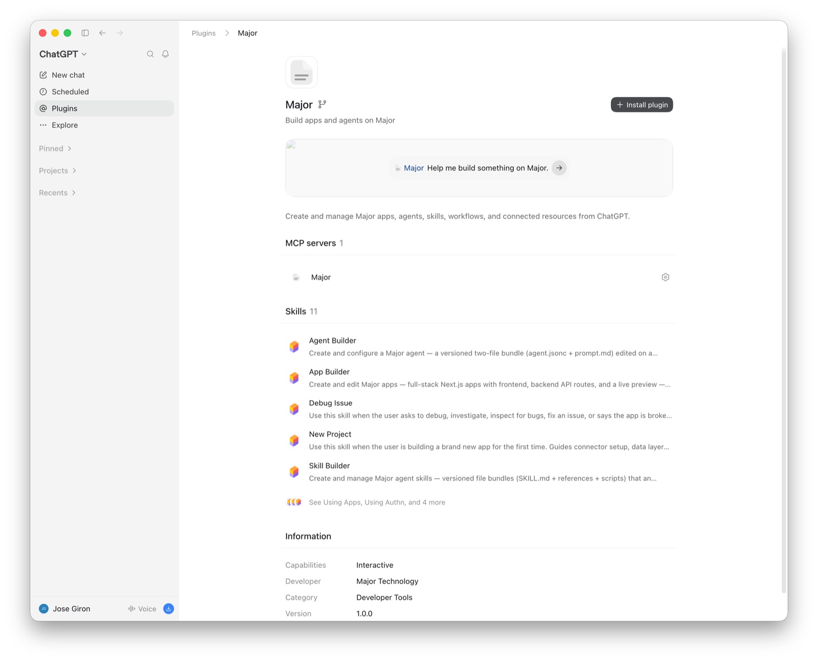 Major plugin page with Install plugin