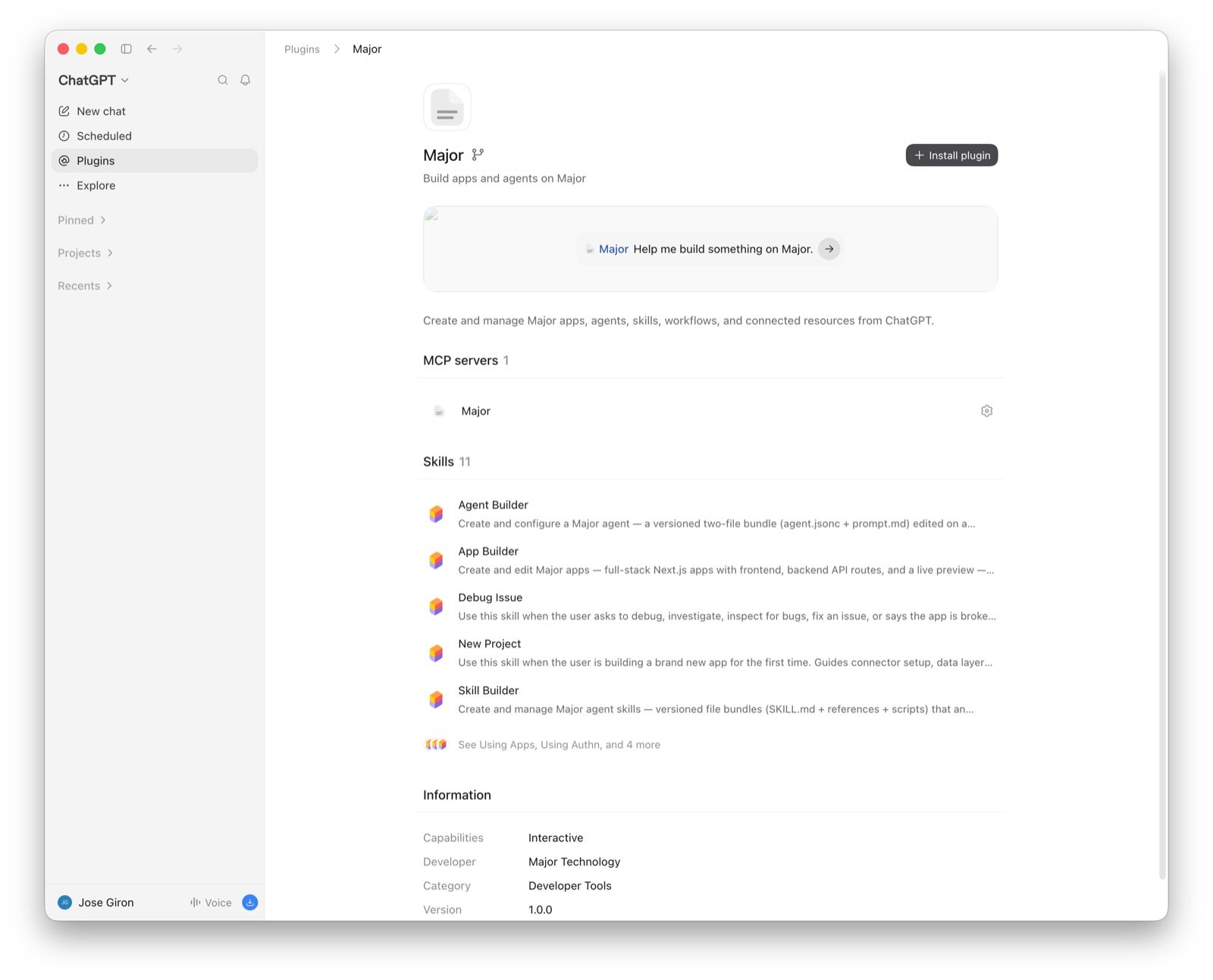 Major plugin page with Install plugin