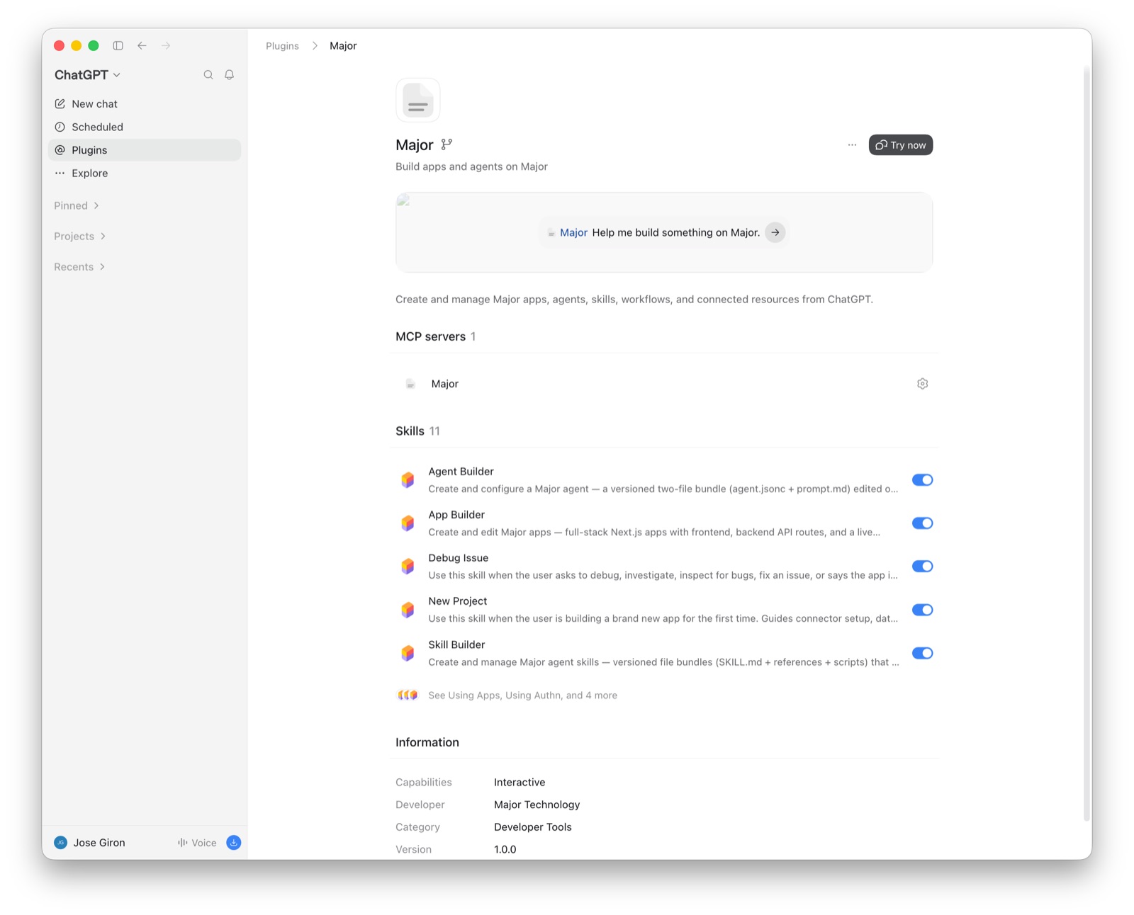 Major plugin installed, with Try now