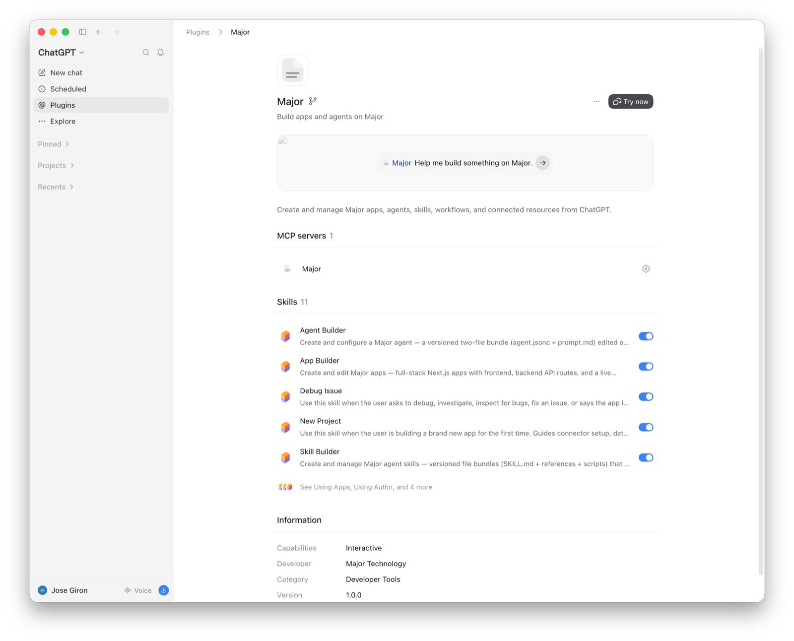 Major plugin installed, with Try now