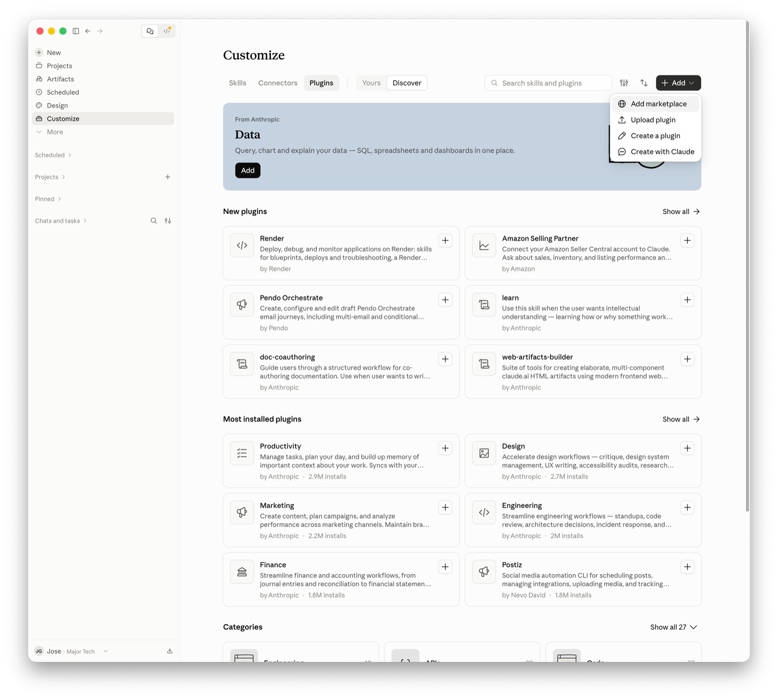 Customize, Plugins tab, with the Add menu open