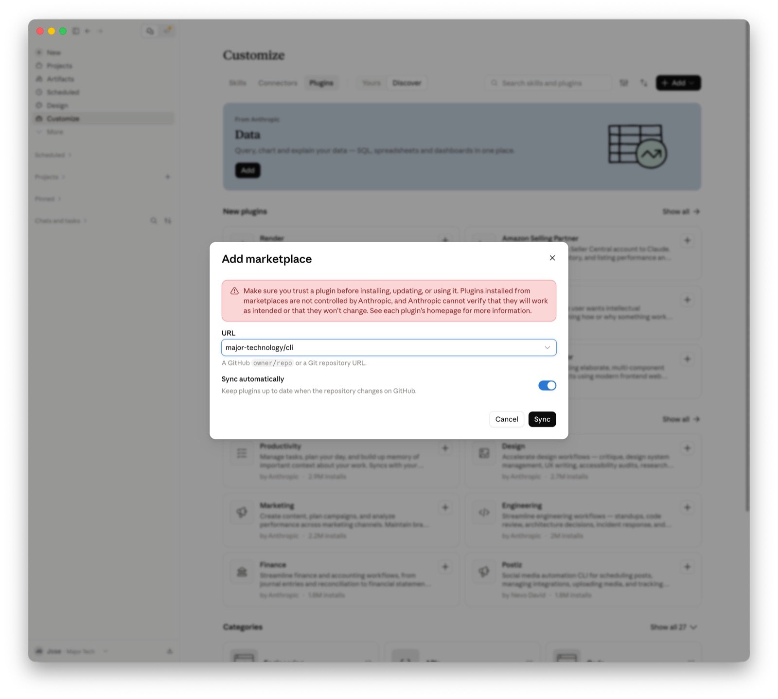Add marketplace dialog with major-technology/cli