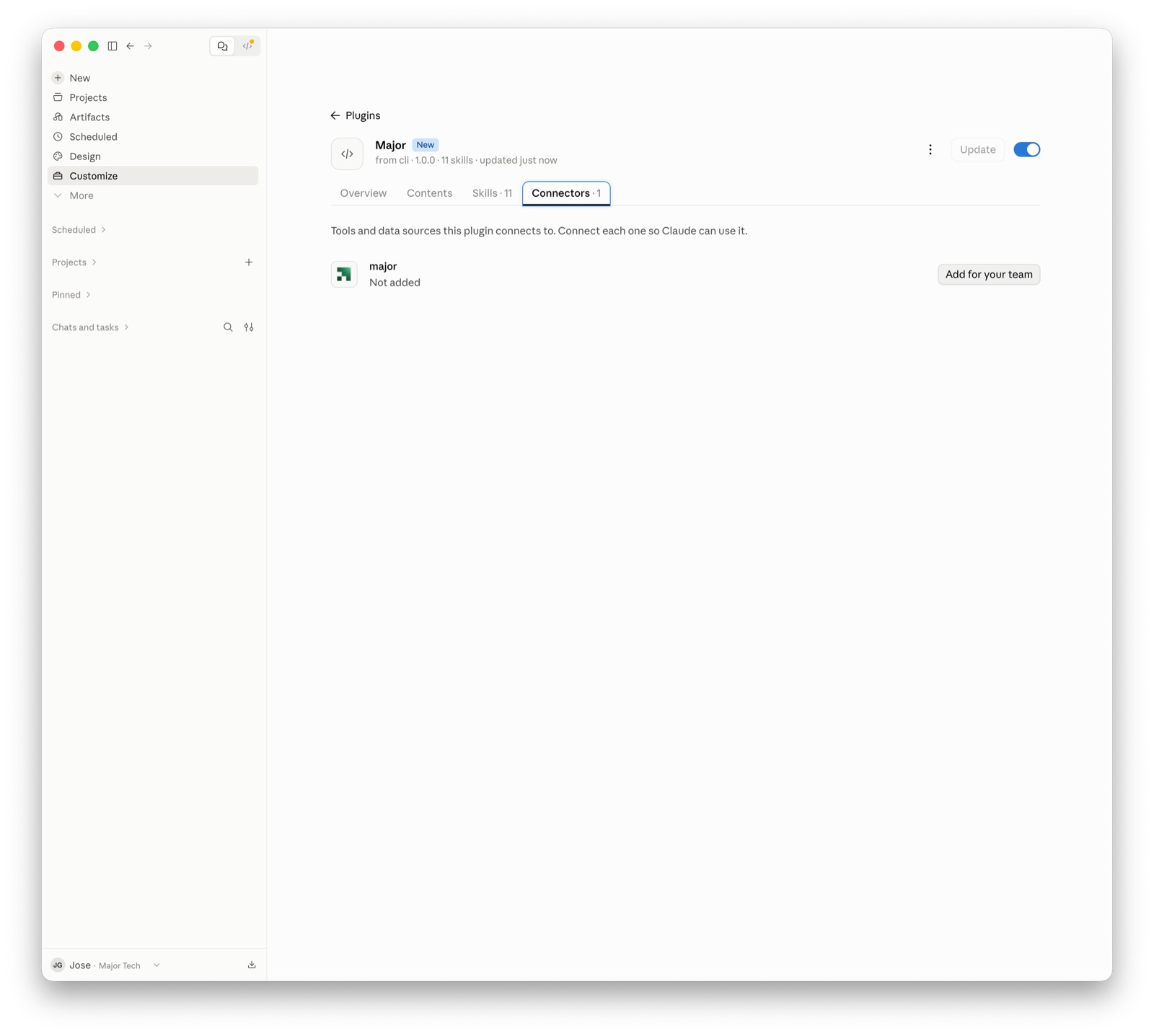 Major plugin page, Connectors tab