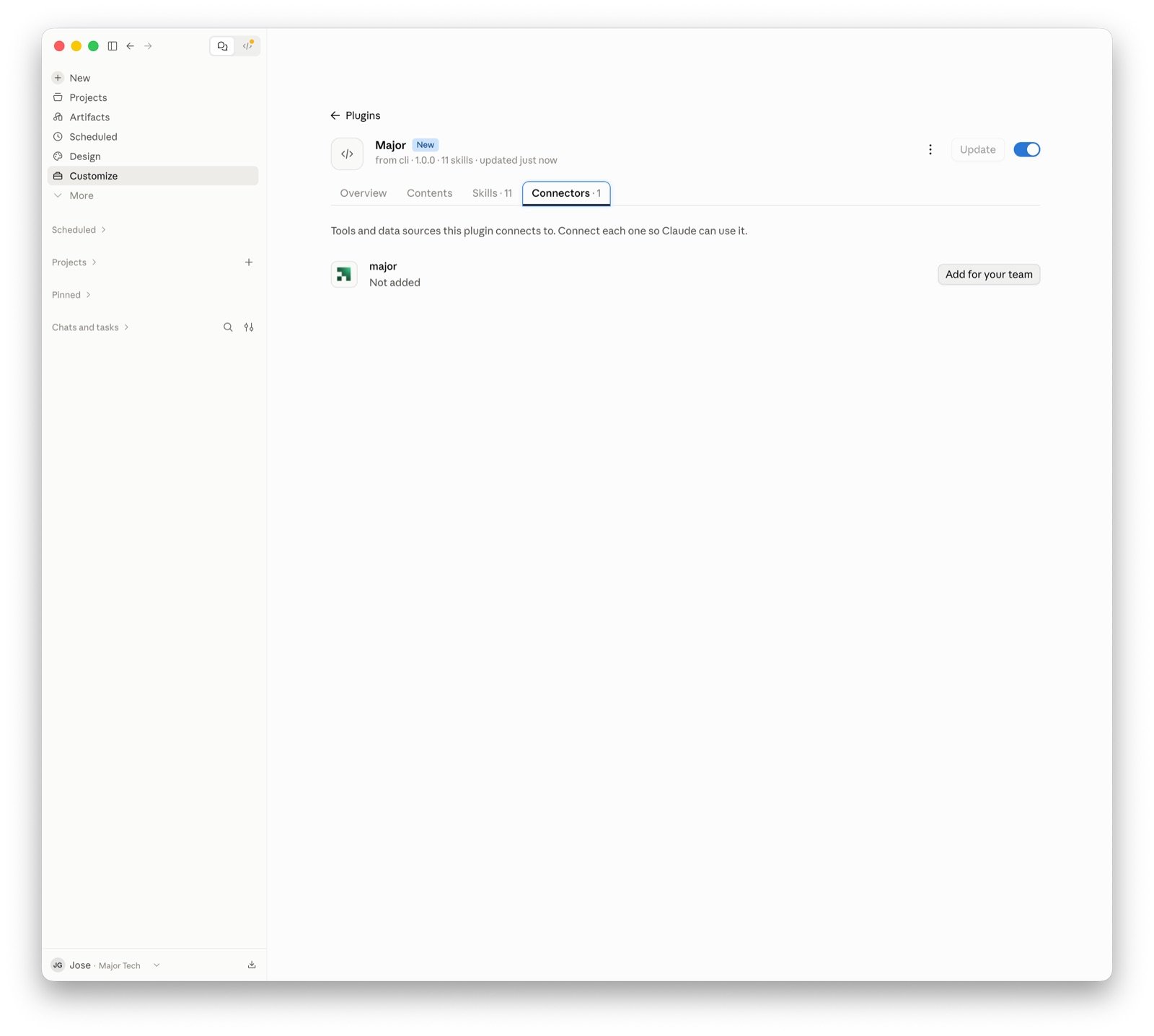Major plugin page, Connectors tab