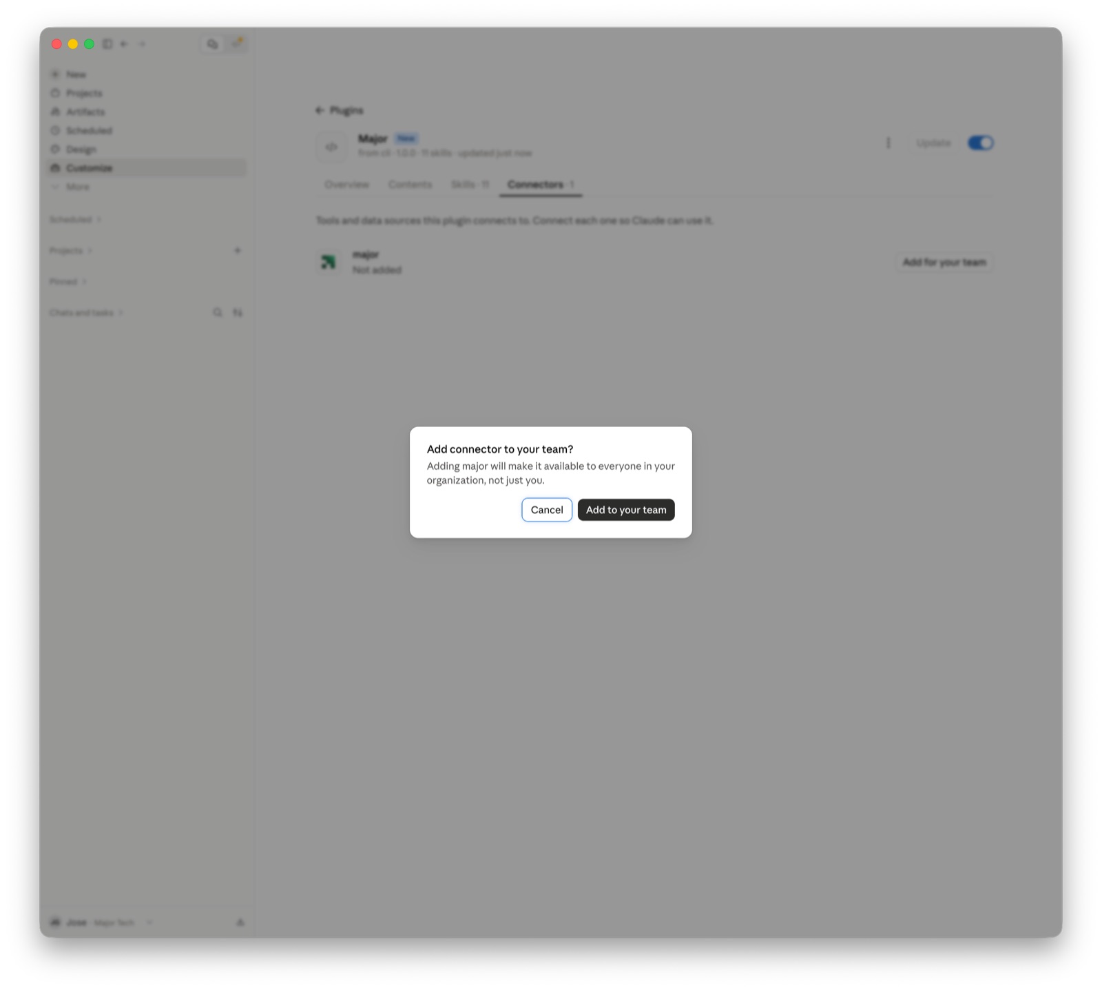 Add connector to your team dialog