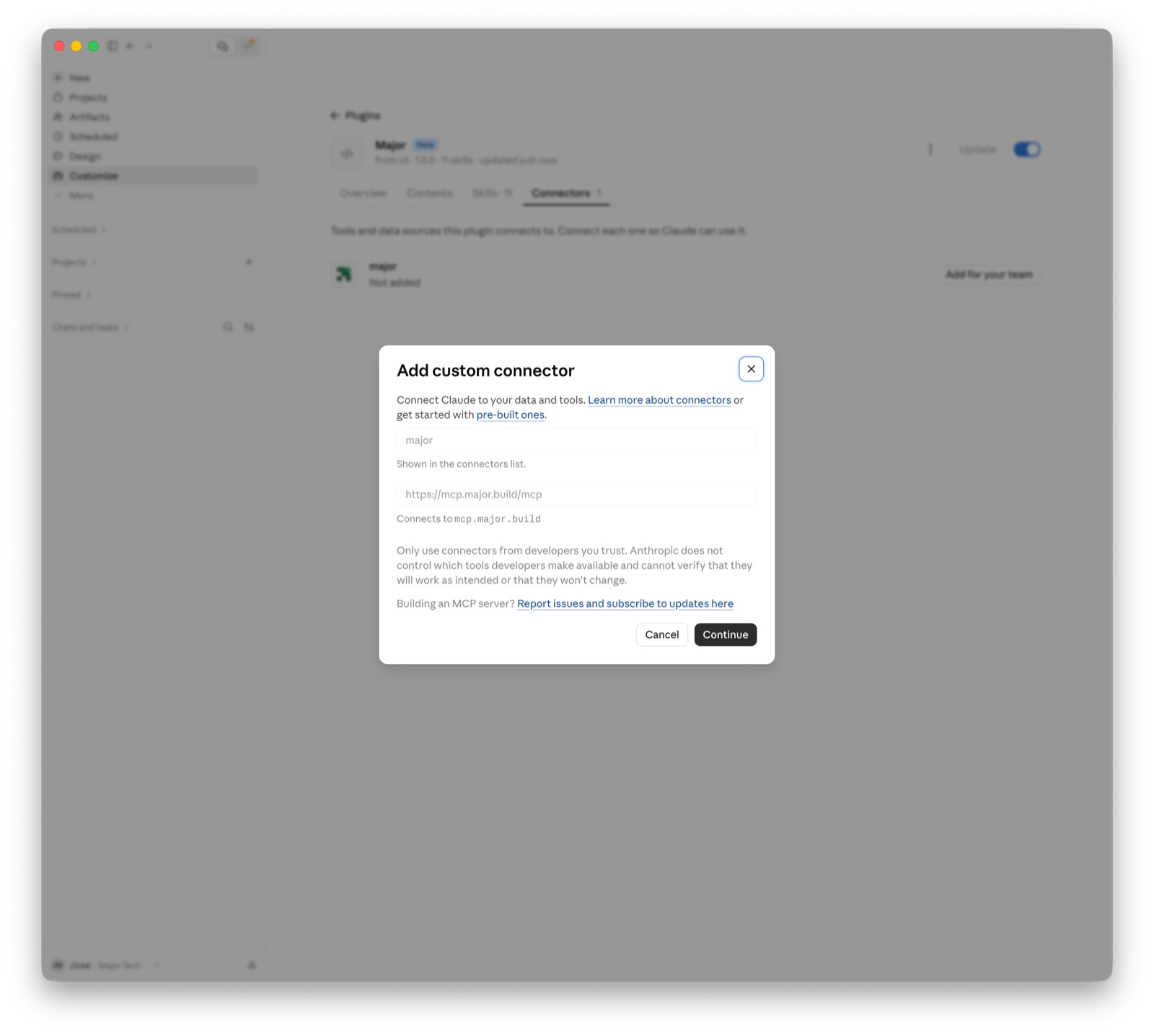 Add custom connector dialog with the Major URL