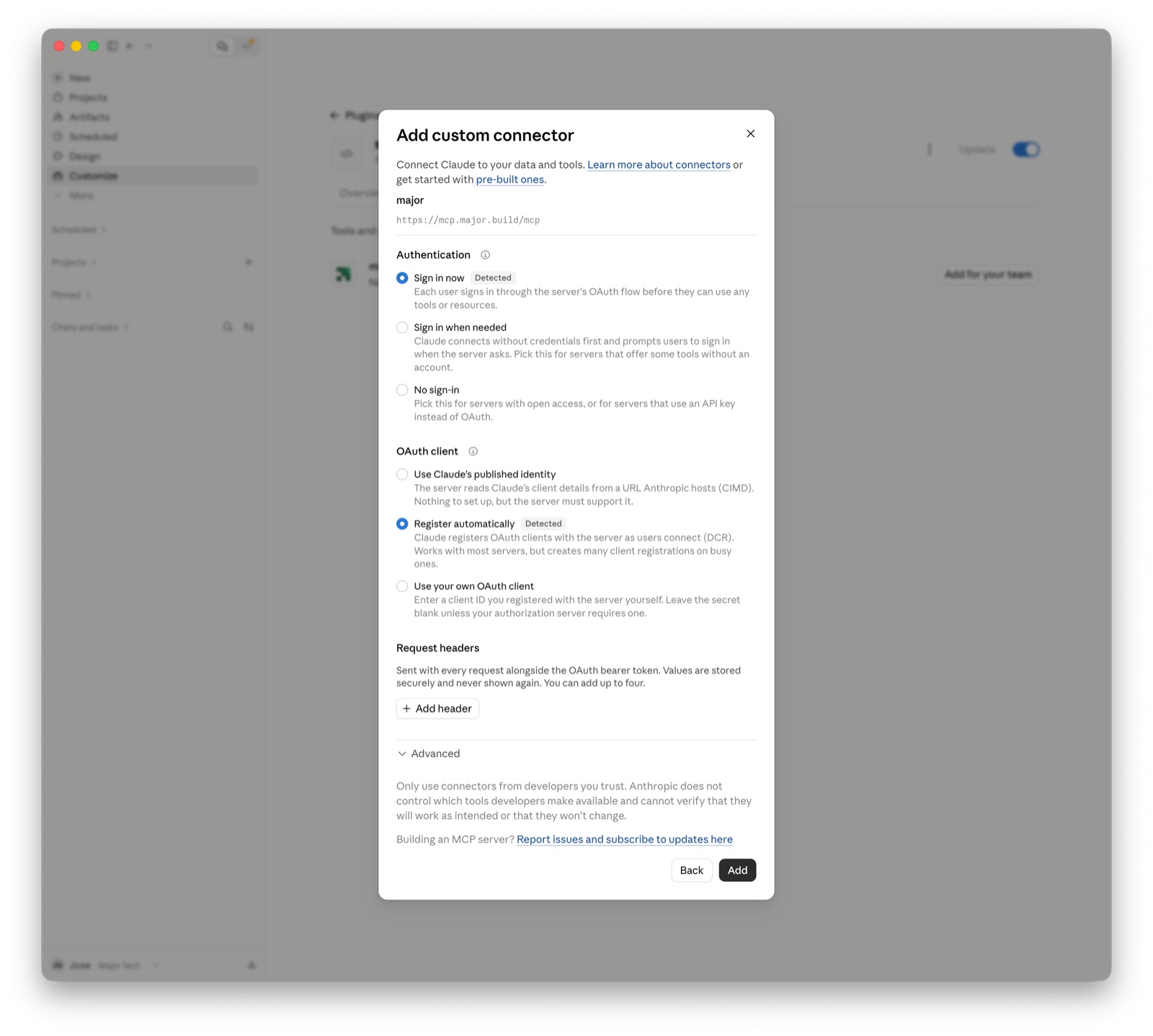 Authentication and OAuth client options