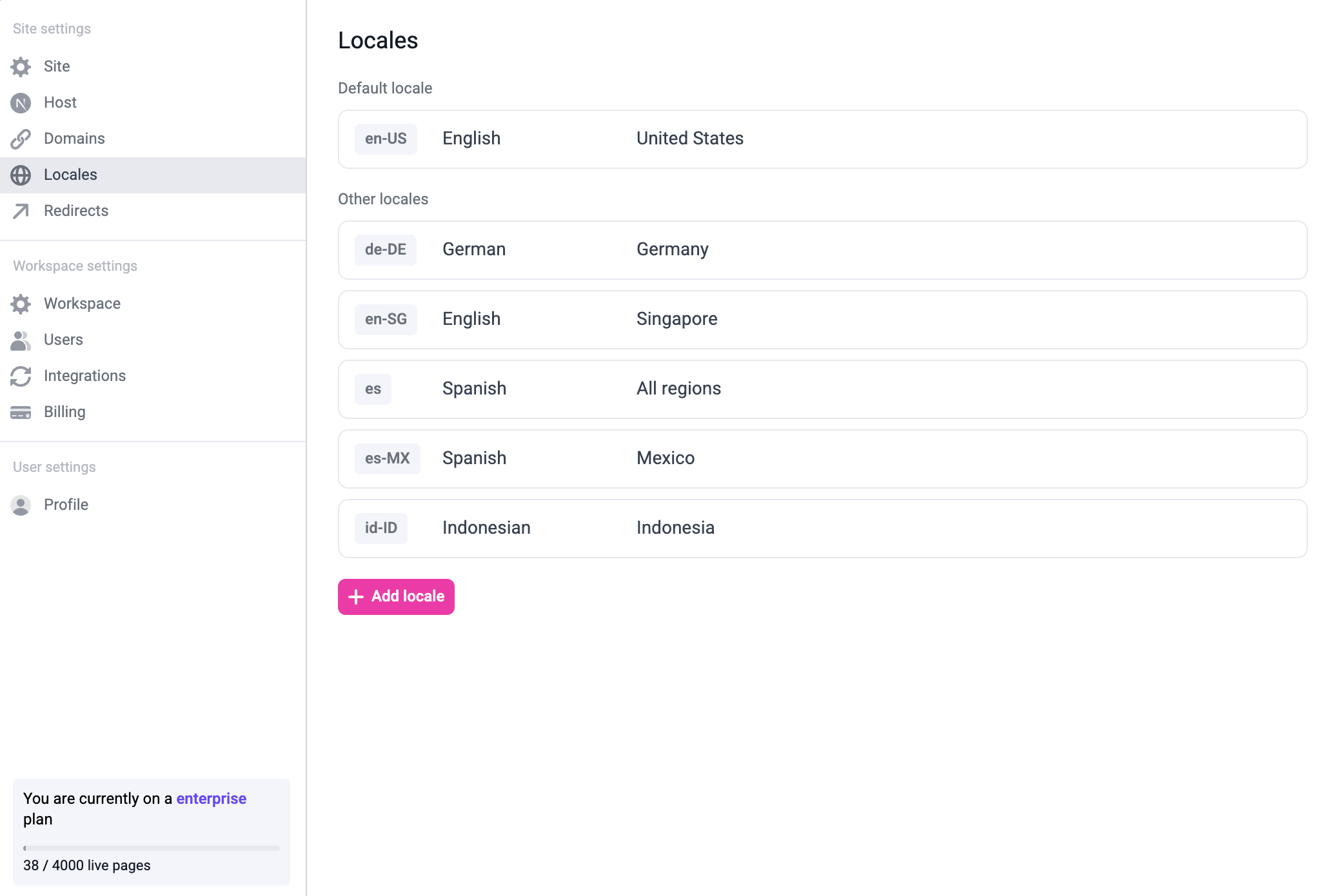 Manage locales in settings