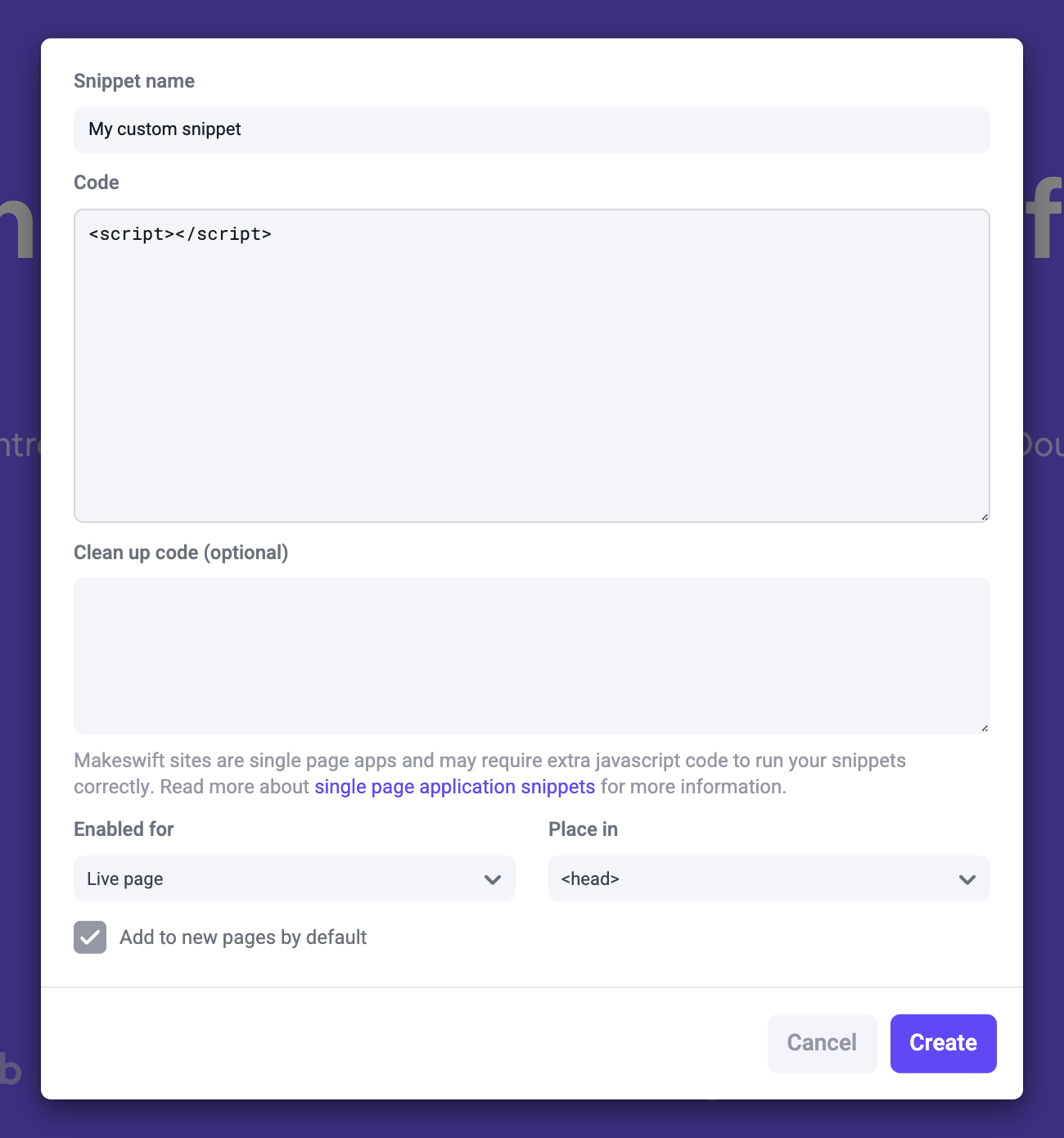 Makeswift snippet dialog