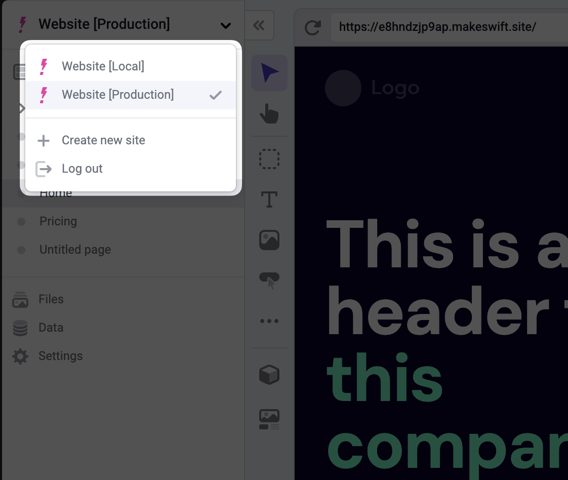 Two sites in the workspace dropdown