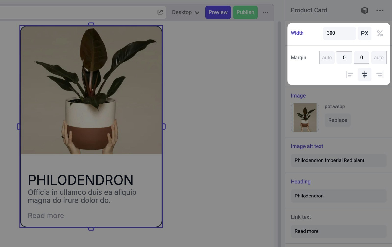 Width and margin properties for card component