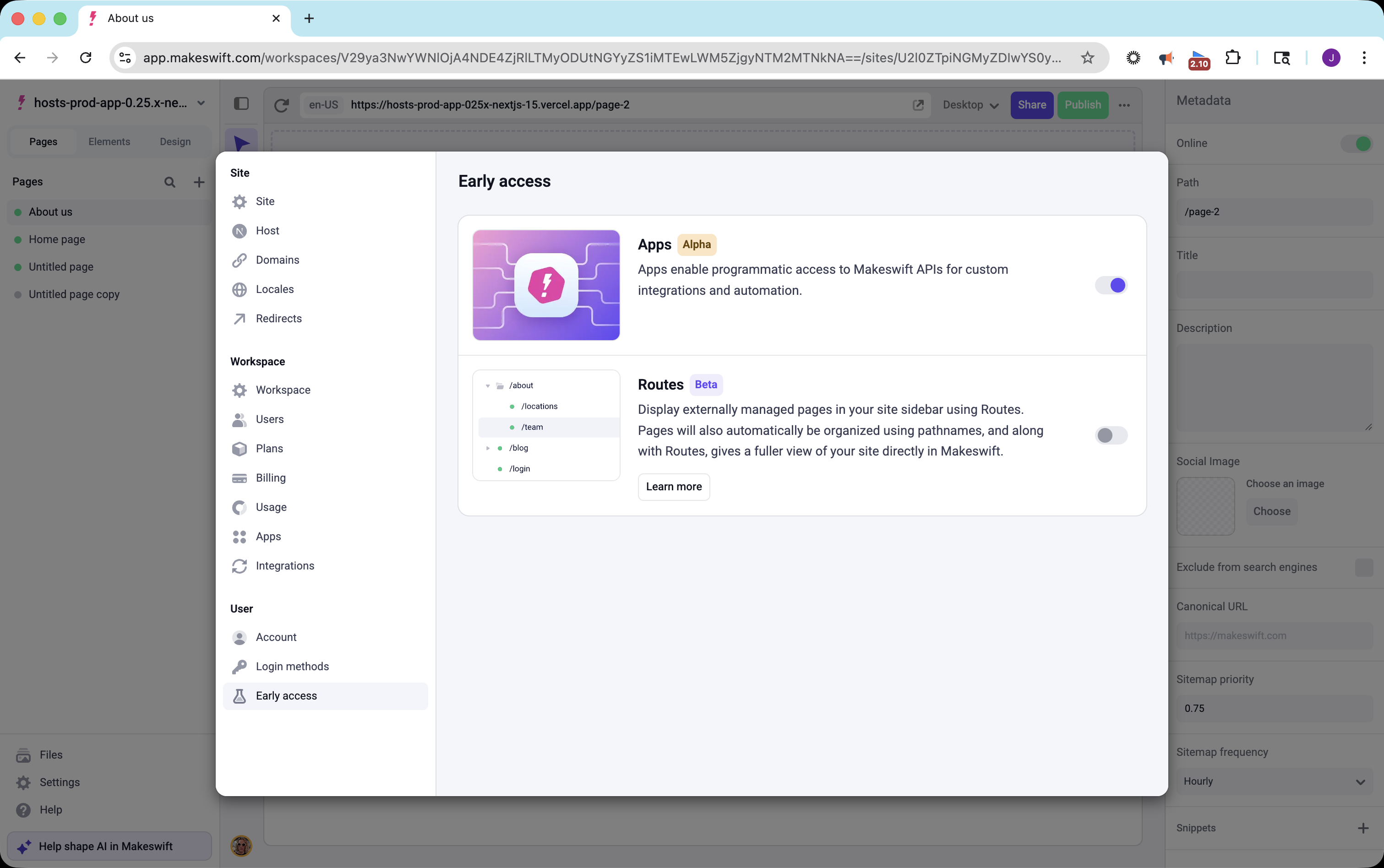 Early access settings showing the Apps toggle